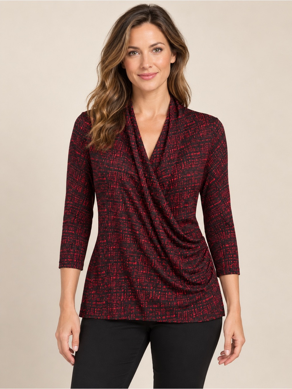 Draped V-Neck 3/4 Sleeve Top in Red and Black